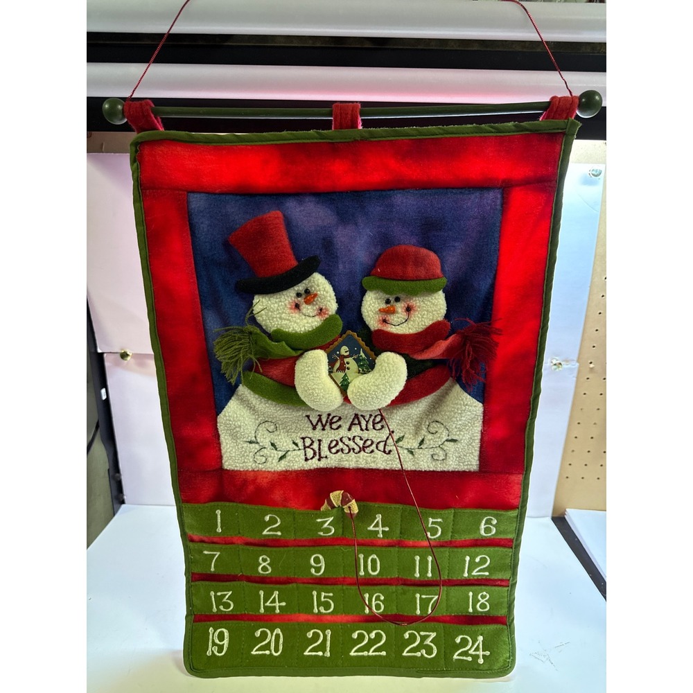 Christmas Advent Calendar We Are Blessed Snowman Fabric Hanging Wall Decor Red